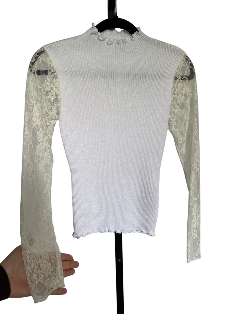 Madden Girl Ribbed Ruffle Mock Neck Top Lace Long Sleeves Size M Feminine Y2K